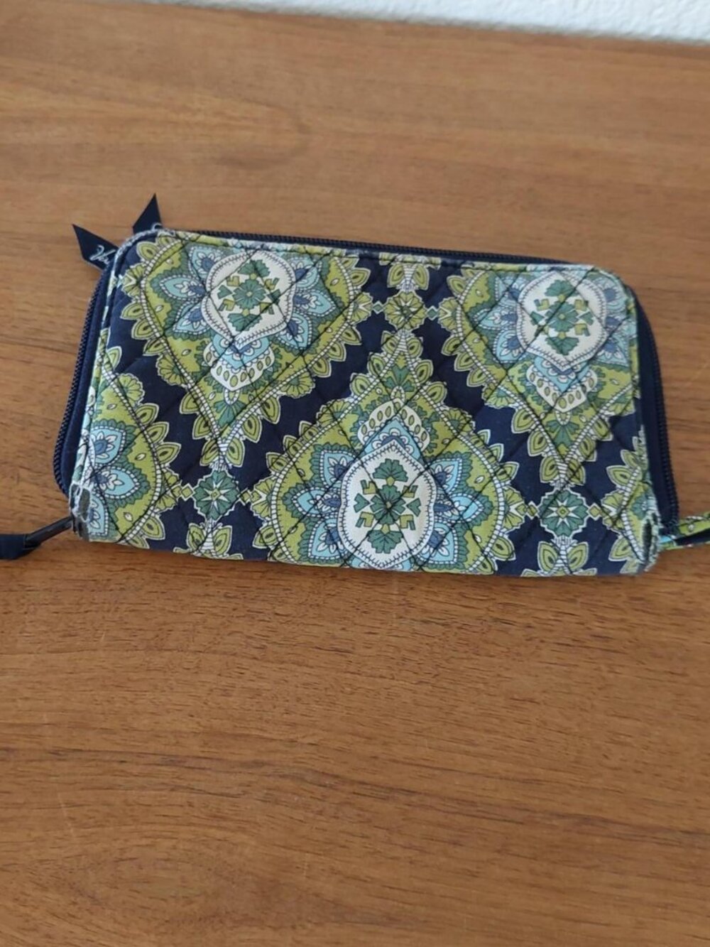 Vera Bradley Cambridge green, blue, and white geometric patterned wristlet purse